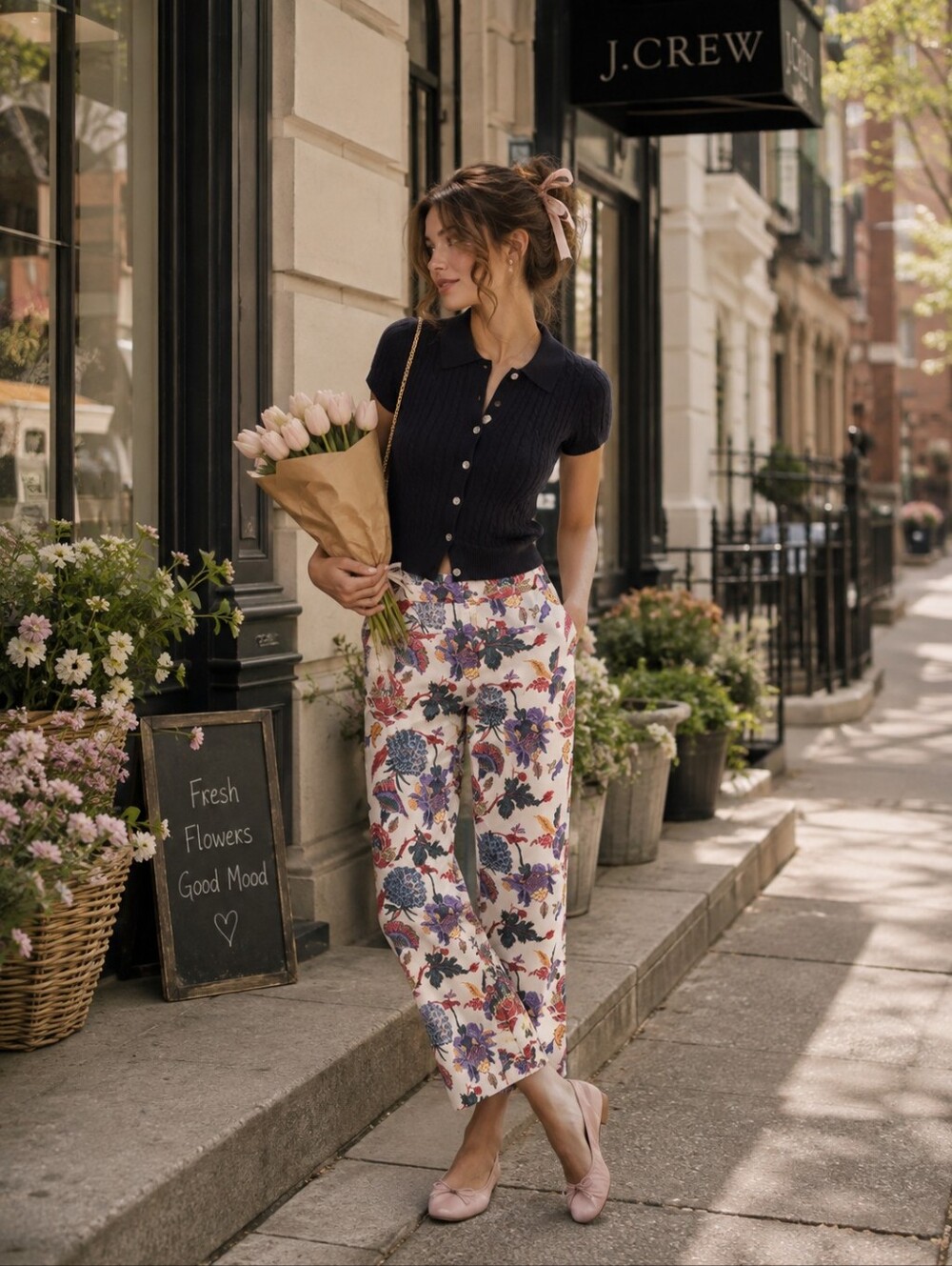 J.CREW Floral Print Cotton Pants White Pockets Straight Leg Mid Rise Size 6